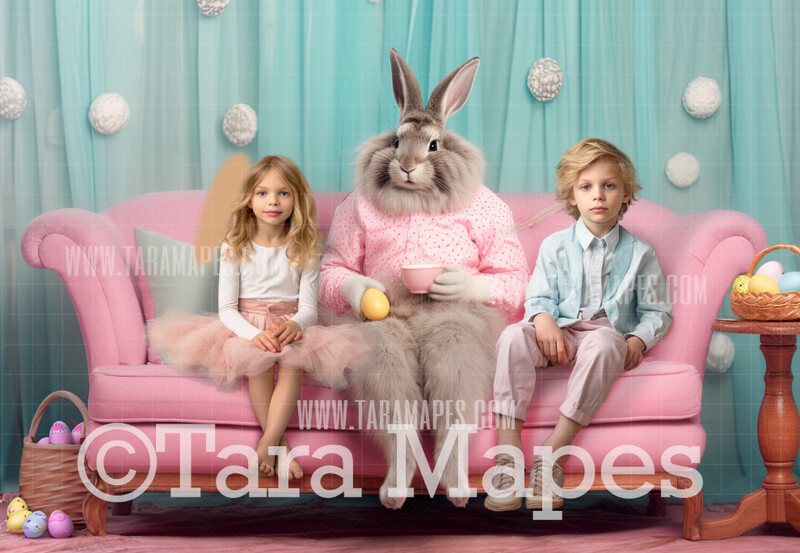 Easter Bunny on Couch Digital Backdrop - Easter Bunny Digital Background - Funny Cute Easter Digital Background