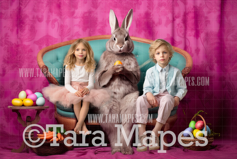 Easter Bunny on Couch Digital Backdrop - Easter Bunny Digital Background - Funny Cute Easter Digital Background