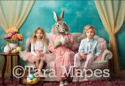 Easter Bunny in Dress on Couch Digital Backdrop - Easter Bunny Digital Background - Funny Cute Easter Digital Background