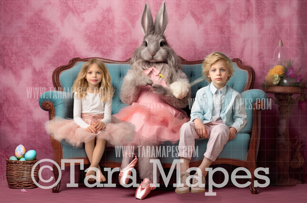 Easter Bunny in Tutu Dress on Couch Digital Backdrop - Easter Bunny Digital Background - Funny Cute Easter Digital Background