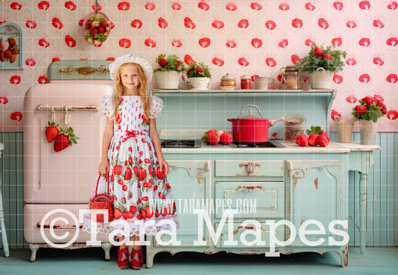 Strawberry Kitchen Digital Background - Strawberry Digital Backdrop (JPG FILE)