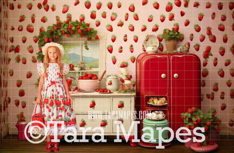 Strawberry Kitchen Digital Background - Strawberry Digital Backdrop (JPG FILE)