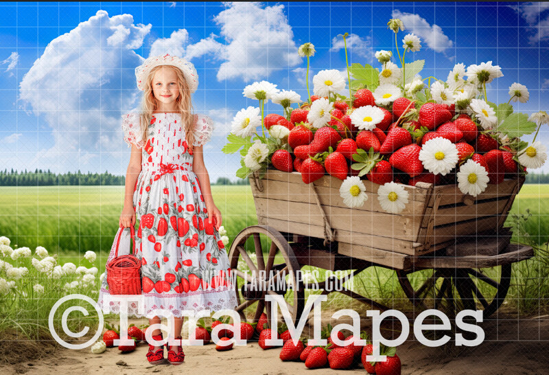 Strawberry Cart Digital Background - Strawberry Digital Backdrop (JPG FILE)