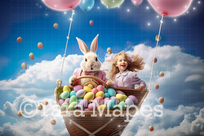 Easter Bunny Flying Sleigh Digital Backdrop - Easter Bunny Digital Background - Funny Cute Easter Digital Background
