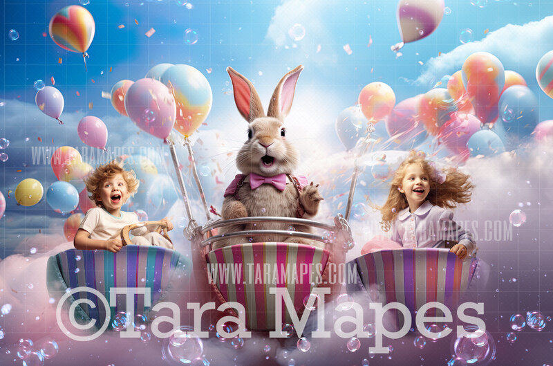 Easter Bunny Flying Sleigh Digital Backdrop - Easter Bunny Digital Background - Funny Cute Easter Digital Background