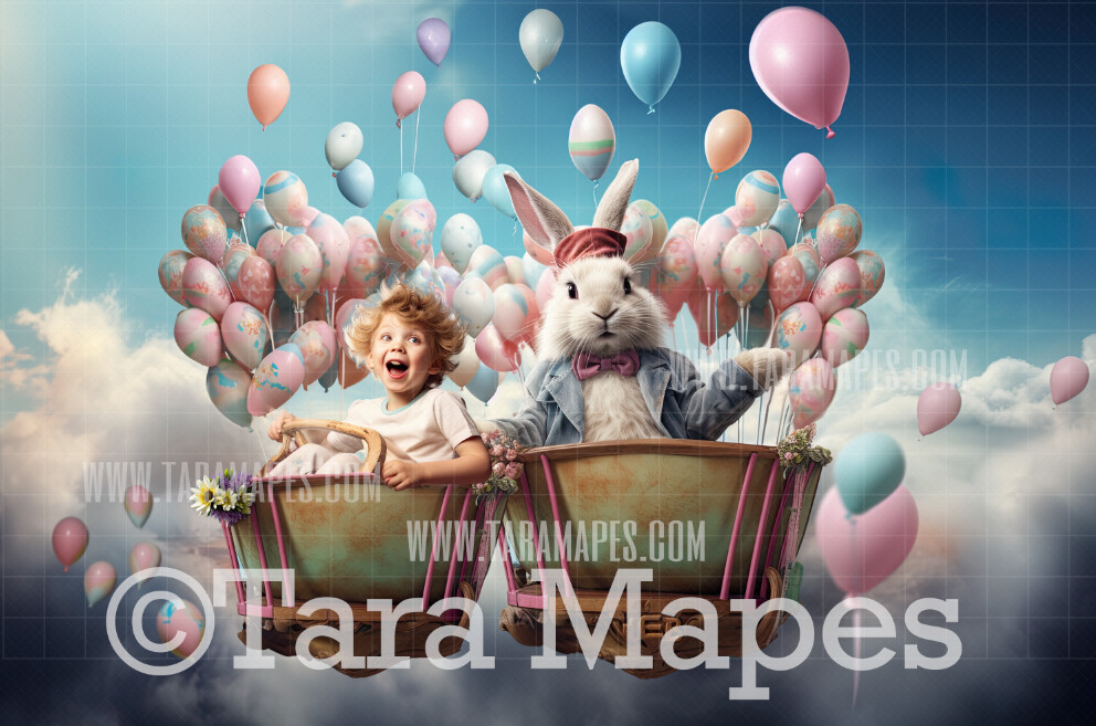 Easter Bunny Flying Sleigh Digital Backdrop - Easter Bunny Digital Background - Funny Cute Easter Digital Background