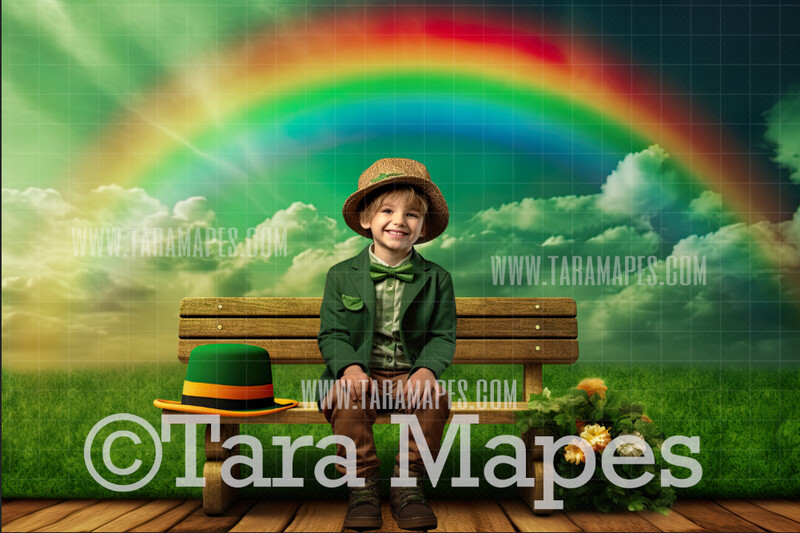St Patrick's Day Digital Backdrop - St Paddy's Bench with Rainbow - St Patrick's Day Digital Background