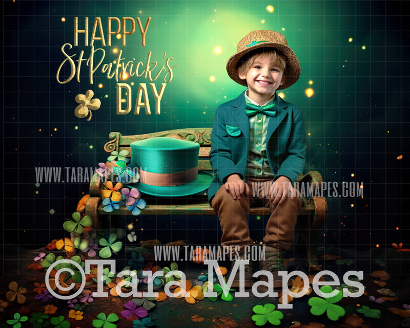 St Patrick&#39;s Day Digital Backdrop - St Paddy&#39;s Bench with Rainbow - St Patrick&#39;s Day Digital Background