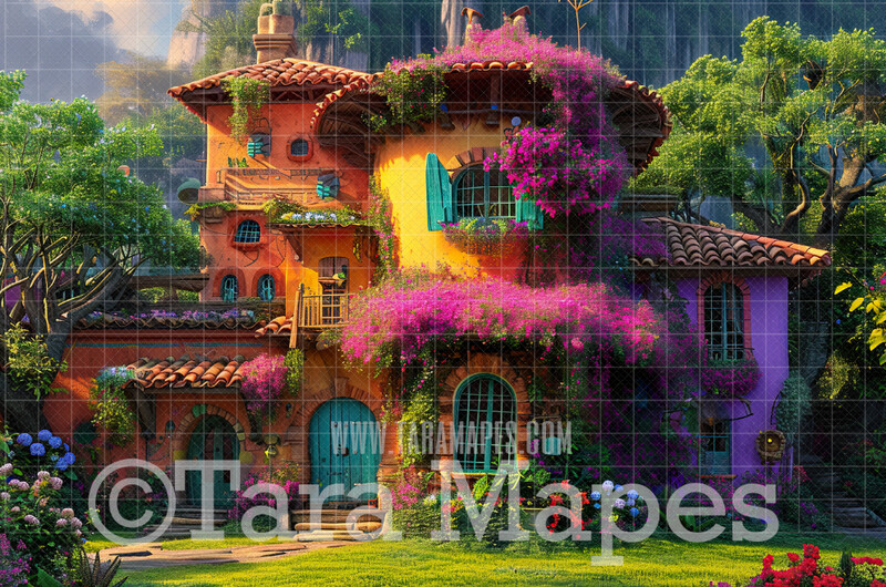 Colorful House Digital Backdrop - Flower House Magic House Digital Background