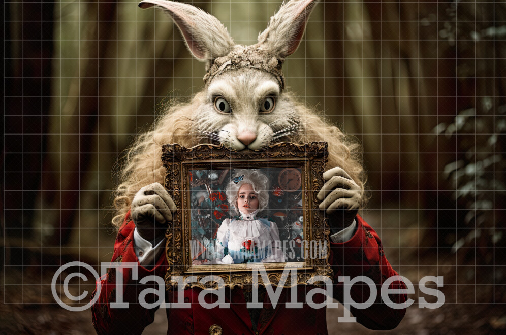 Strange Rabbit with Frame Digital Backdrop - Alice Digital Background - Easter Digital Background