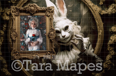 Strange Rabbit with Frame Digital Backdrop - Alice Digital Background - Easter Digital Background