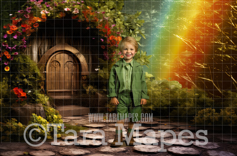 St Patrick's Day Digital Backdrop - St Paddy's House with Rainbow - St Patrick's Day Digital Background