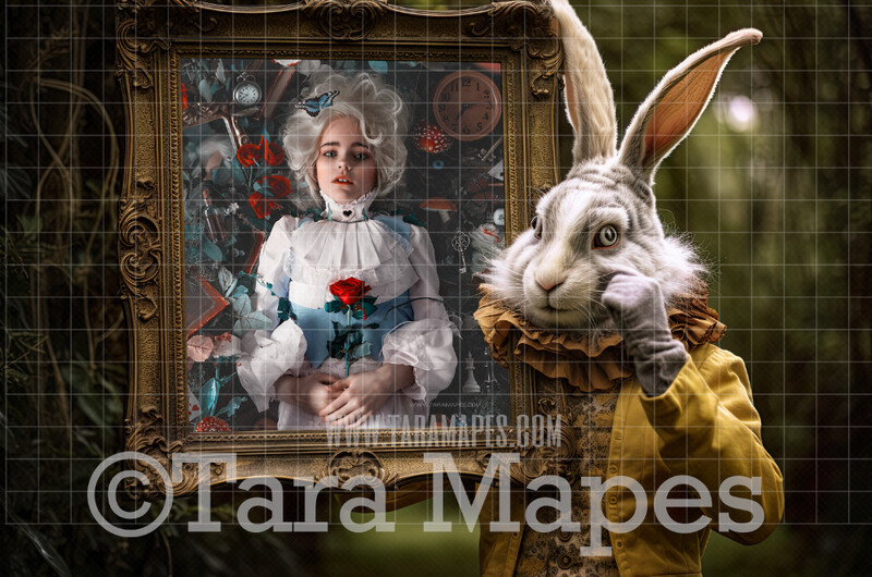 Strange Rabbit with Frame Digital Backdrop - Alice Digital Background - Easter Digital Background