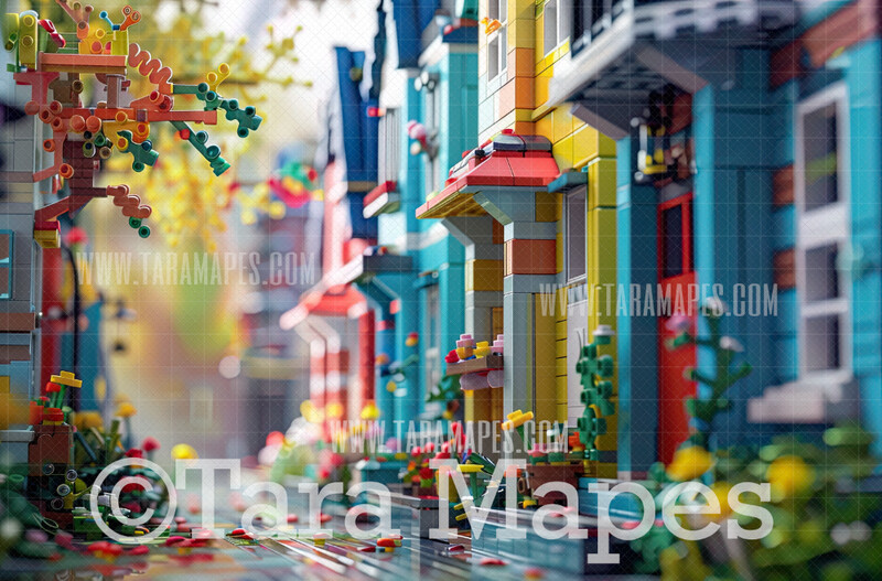 Toy Brick Houses Digital Backdrop - Toy Brick Street Digital Background (JPG FILE)