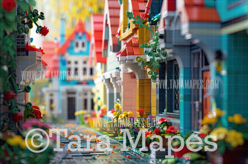 Toy Brick Houses Digital Backdrop - Toy Brick Street Digital Background (JPG FILE)