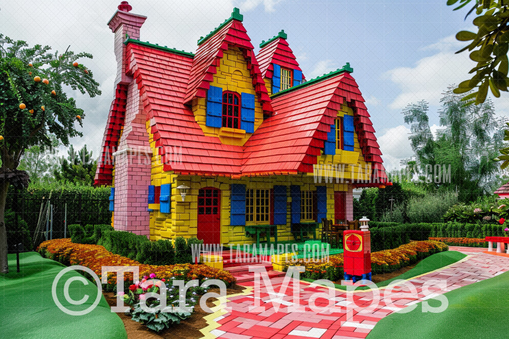 Toy Brick House Digital Backdrop - Toy Brick Porch Digital Background (JPG FILE)
