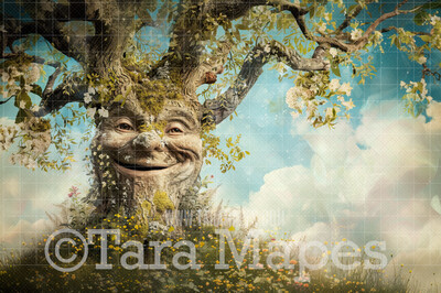 Enchanted Tree with Face - Tree Face in Enchanted Forest  - Talking Tree Digital Background Backdrop - Friendly Tree Digital Backdrop