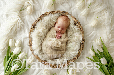 Soft Easter Newborn Digital Background - Newborn Ivory and Tulips Digital Backdrop (JPG file)