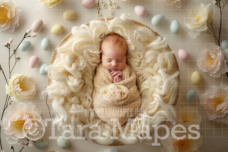 Soft Easter Newborn Digital Background - Newborn Ivory and Easter Eggs Digital Backdrop (JPG file)