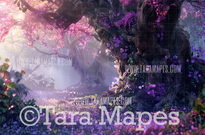 Violet Enchanted Forest  - Fairy Forest Digital Background Backdrop - Purple Tree Digital Backdrop