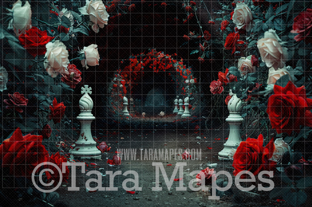 Wonderland Digital Backdrop - Wonderland Chess Tunnel of Roses- JPG File - Wonderland Digital Background