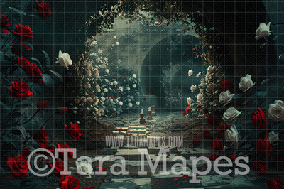 Wonderland Digital Backdrop - Wonderland Chess Tunnel of Roses- JPG File - Wonderland Digital Background