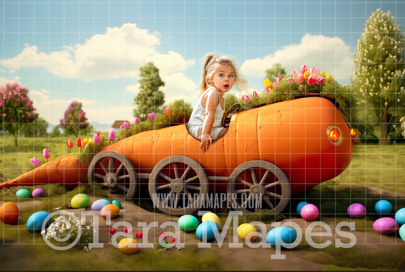 Easter Carrot Car Digital Backdrop - Easter Bunny Car Digital Background - Funny Cute Carrot with Wheels Digital Background