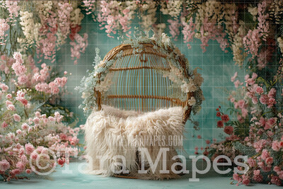 Peacock Chair with Flowers Digital Backdrop - Flower Chair Digital Background - Spring Digital Background