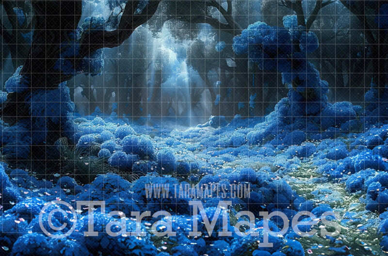 Blue Fantasy Hydrangea Forest Digital Background - Fantasy Enchanted Forest Digital Backdrop