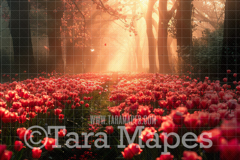 Spring Flower Path Digital Background - Tulip Forest Digital Backdrop