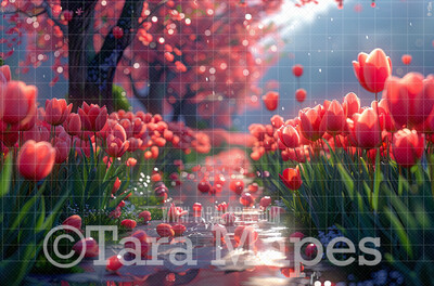 Spring Flower Path Digital Background - Tulips Digital Backdrop