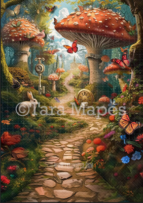 Alice Digital Backdrop - Wonderland  Enchanted Mushrooms - JPG File - Wonderland Digital Background