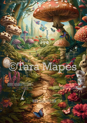 Alice Digital Backdrop - Wonderland  Enchanted Mushrooms - JPG File - Wonderland Digital Background