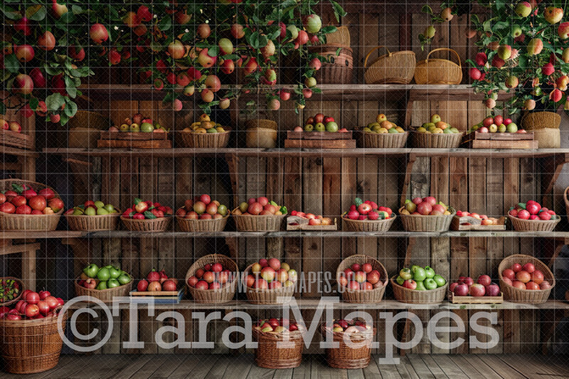 Apple Shop - Spring Background - Apple baskets on shelves - Digital Background / Backdrop
