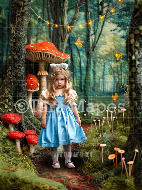 Alice Digital Backdrop - Image of Felted Wonderland Enchanted Mushrooms - JPG File - Wonderland Digital Background