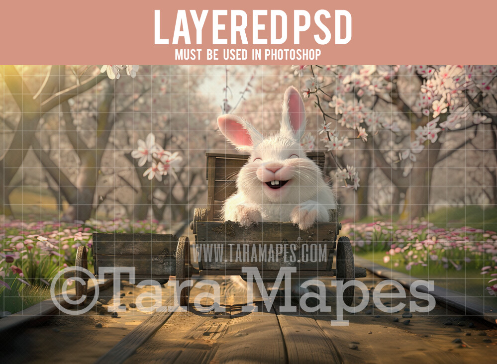 Easter Bunny Cart - Easter Digital Background - Easter Candy Box Digital Backdrop - Layered Photoshop File