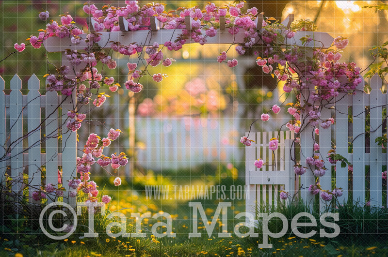 Fence with Flower Arch Digital Backdrop - White Picket Fence - JPG File - Digital Background