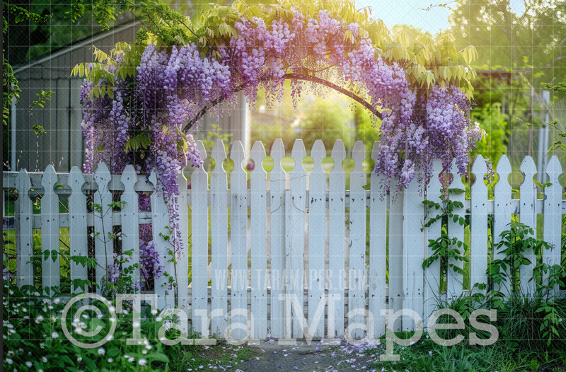 White Fence with Flower Arch Digital Backdrop - White Picket Fence - JPG File - Digital Background