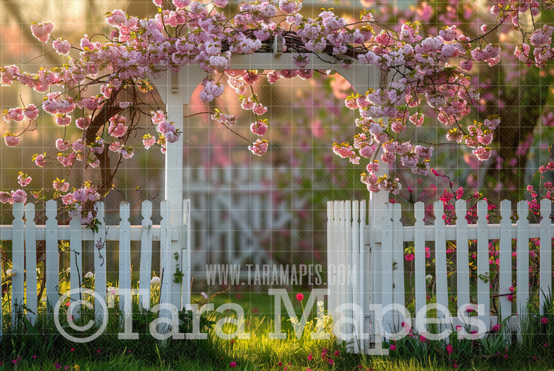 Floral Garden Gate Digital Backdrop - White Picket Fence - JPG File - Digital Background