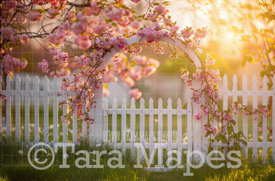 White Fence with Flower Arch Digital Backdrop - White Picket Fence - JPG File -  Digital Background