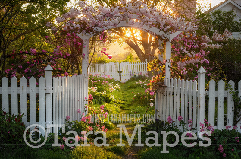 White Fence with Pink Flower Arch Digital Backdrop - White Picket Fence - JPG File - Digital Background