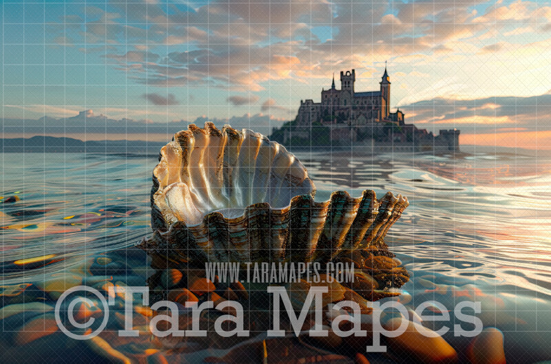 Mermaid Shell Digital Backdrop - Giant Clam on Shore by Castle - Mermaid Shell - Beautiful Mermaid Scene - JPG File Digital Background