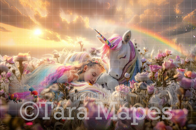 Rainbow Unicorn in Magical Field of Flowers - Warm Sunlit Unicorn Digital Background JPG