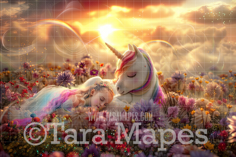 Rainbow Unicorn in Magical Field of Flowers - Warm Sunlit Unicorn Digital Background JPG