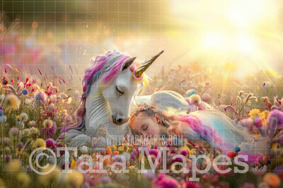 Rainbow Unicorn in Magical Field of Flowers - Warm Sunlit Unicorn Digital Background JPG