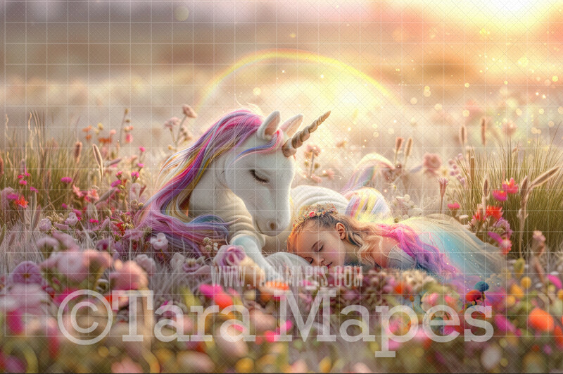 Rainbow Unicorn in Magical Field of Flowers - Warm Sunlit Unicorn Digital Background JPG