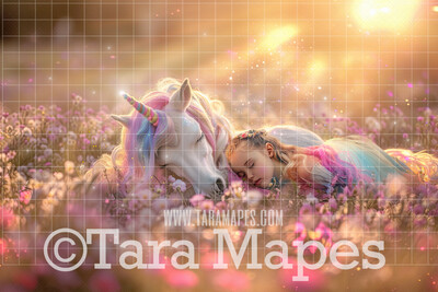 Rainbow Unicorn in Magical Field of Flowers - Warm Sunlit Unicorn Digital Background JPG