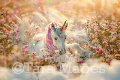 Rainbow Unicorn in Magical Field of Flowers - Warm Sunlit Unicorn Digital Background JPG