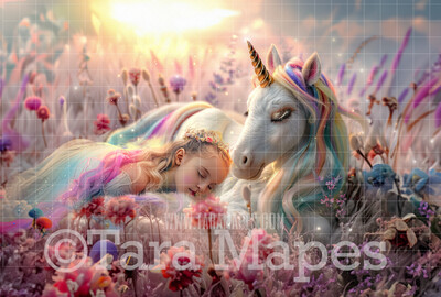 Rainbow Unicorn in Magical Field of Flowers - Warm Sunlit Unicorn Digital Background JPG