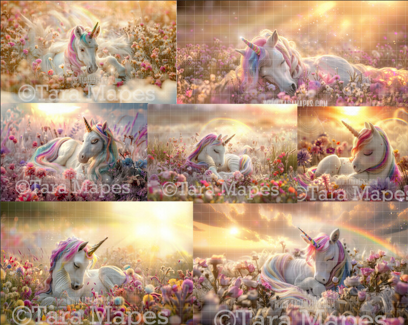 7 Pack Rainbow Unicorn in Magical Field of Flowers - Warm Sunlit Unicorn Digital Background JPG